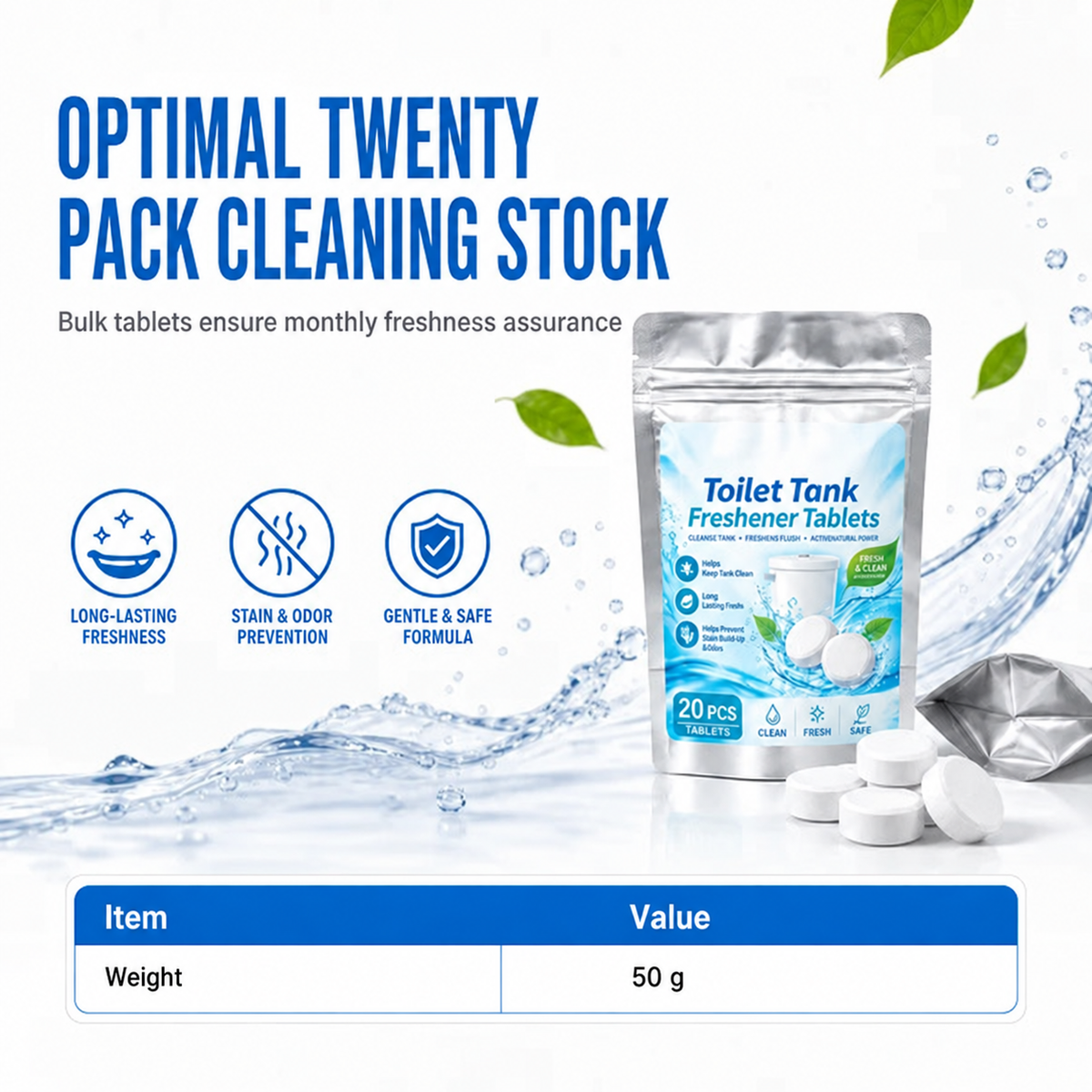 20 Pack White Round Effervescent Toilet Tank Freshener and Deodorizer Tablets